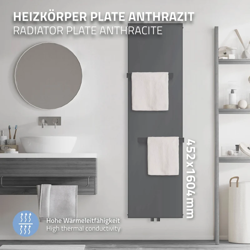 Badheizkörper 1600x452 mm Anthrazit mit Mittelanschluss inkl. 2x Handuchhalter ML-Design