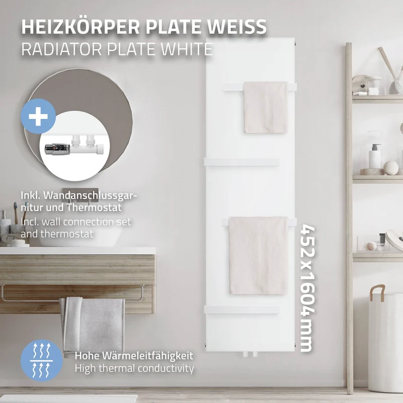 Badheizkörper 1600x452 mm Weiß mit Wand Anschlussgarnitur inkl. 4x Handuchhalter ML-Design