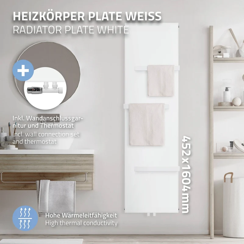 Badheizkörper 1600x452 mm Weiß mit Wand Anschlussgarnitur inkl. 3x Handuchhalter ML-Design