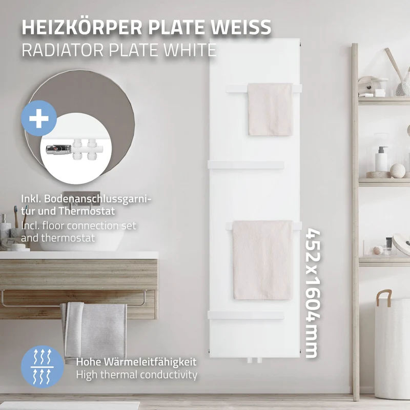 Badheizkörper 1600x452 mm Weiß mit Boden Anschlussgarnitur inkl. 4x Handuchhalter ML-Design