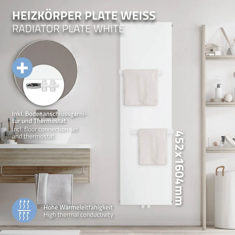 Badheizkörper 1600x452 mm Weiß mit Boden Anschlussgarnitur inkl. 2x Handuchhalter ML-Design