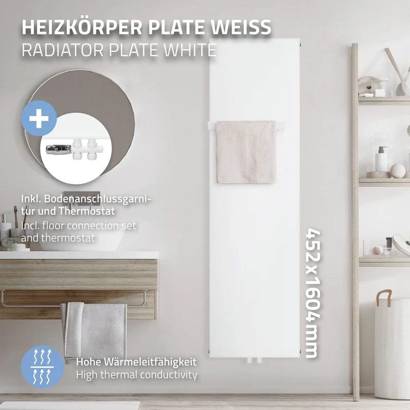 Badheizkörper 1600x452 mm Weiß mit Boden Anschlussgarnitur inkl. 1x Handtuchhalter ML-Design