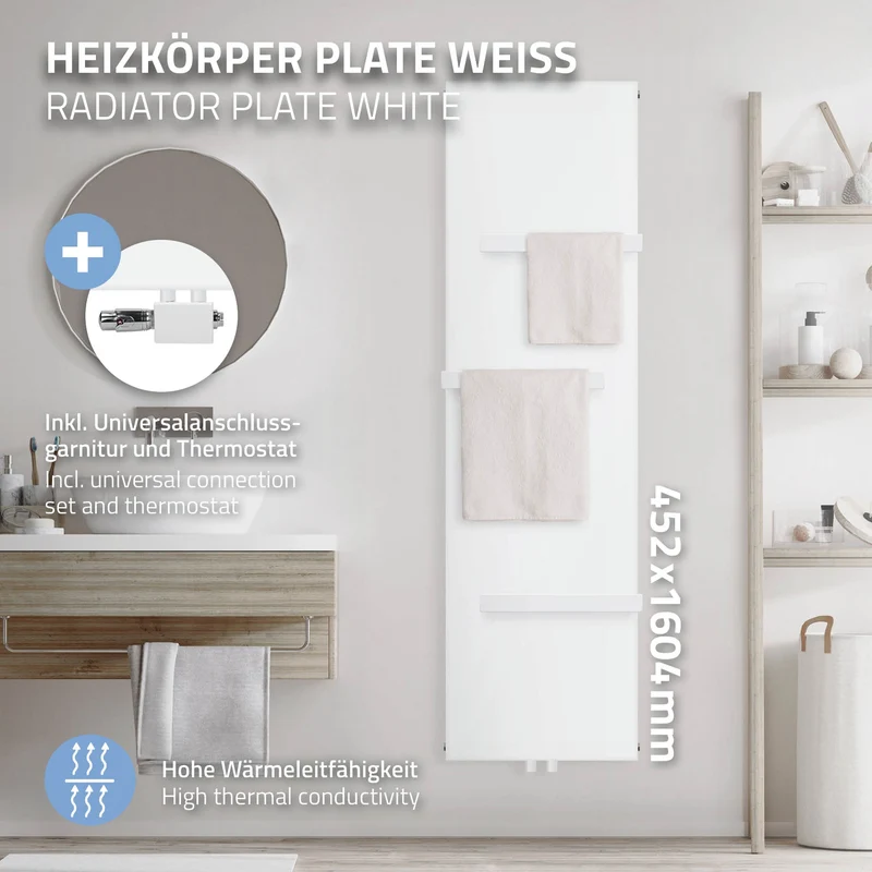 Badheizkörper 1600x452 mm Weiß mit Universale Anschlussgarnitur inkl. 3x Handuchhalter ML-Design