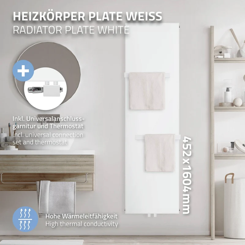 Badheizkörper 1600x452 mm Weiß mit Universale Anschlussgarnitur inkl. 2x Handuchhalter ML-Design