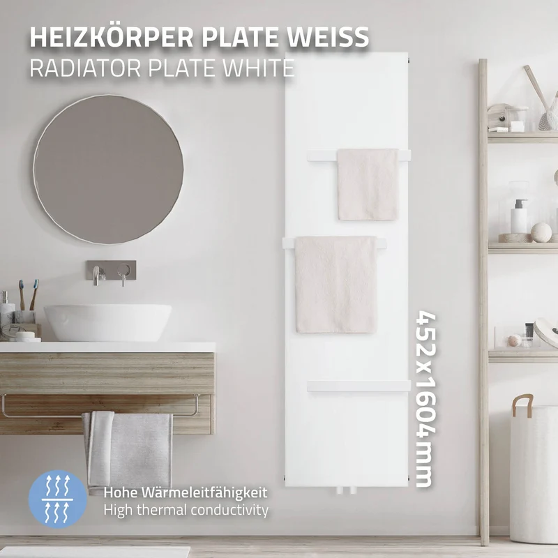 Badheizkörper 1600x452 mm Weiß mit Mittelanschluss inkl. 3x Handuchhalter ML-Design