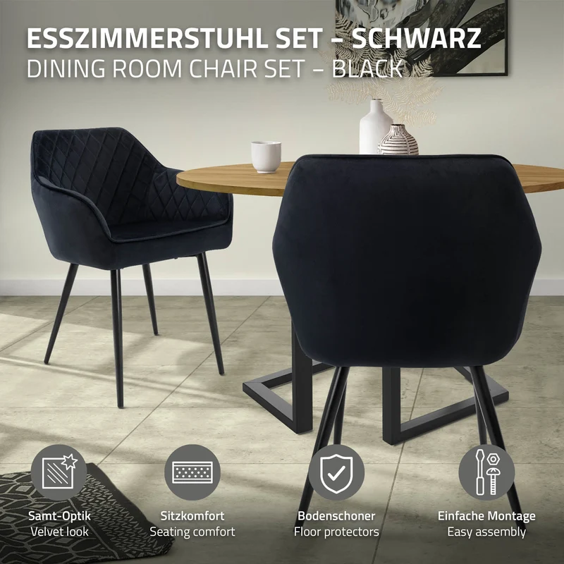Esszimmerstuhl 4er Set Rauten Steppung Schwarz Samtbezug mit Metallbeinen inkl. Montagematerial ML-Design