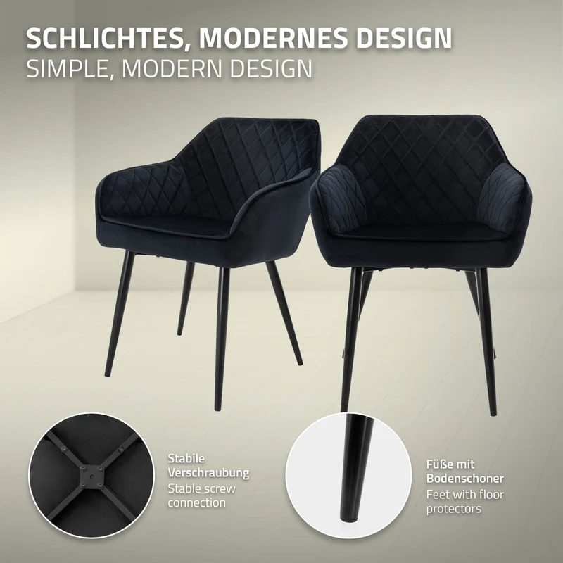 Esszimmerstuhl 4er Set Rauten Steppung Schwarz Samtbezug mit Metallbeinen inkl. Montagematerial ML-Design
