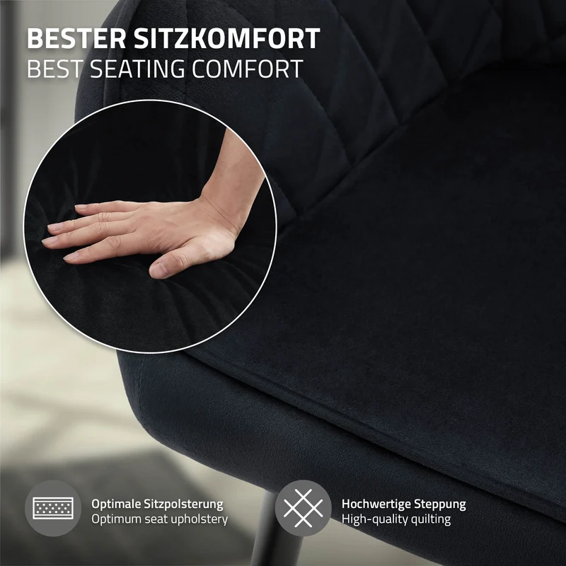 Esszimmerstuhl 4er Set Rauten Steppung Schwarz Samtbezug mit Metallbeinen inkl. Montagematerial ML-Design