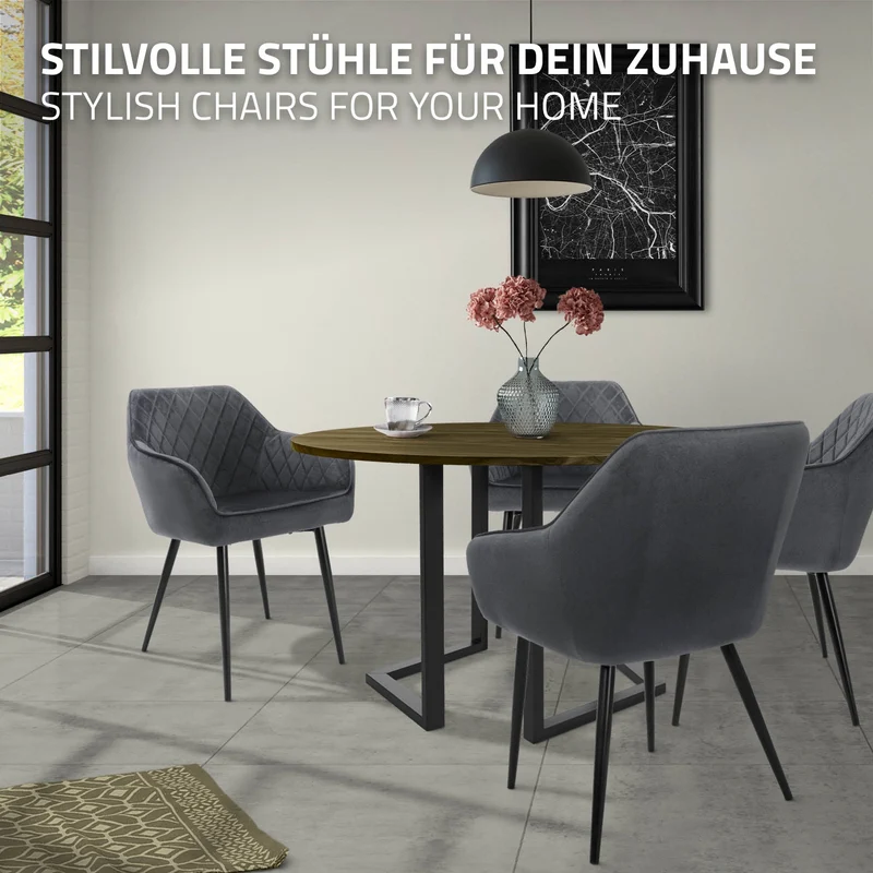 Esszimmerstuhl 4er Set Rauten Steppung Anthrazit Samtbezug mit Metallbeinen inkl. Montagematerial ML-Design