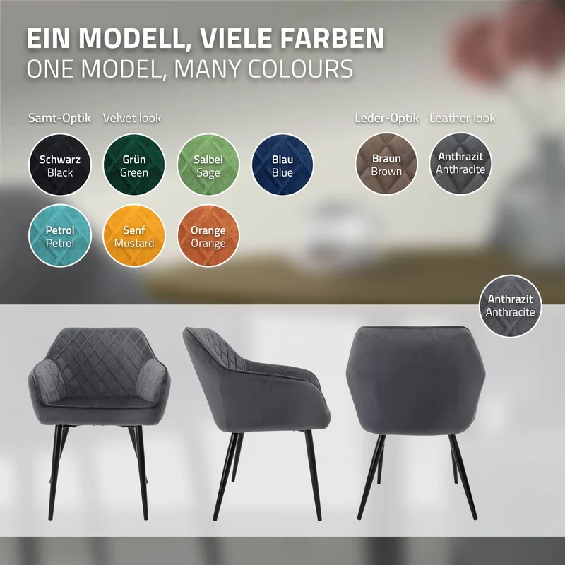 Esszimmerstuhl 4er Set Rauten Steppung Anthrazit Samtbezug mit Metallbeinen inkl. Montagematerial ML-Design