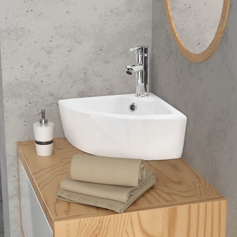 Waschbecken inkl. Ablaufgarnitur Silber mit Überlauf 46x33x13 cm Weiß aus Keramik LuxeBath