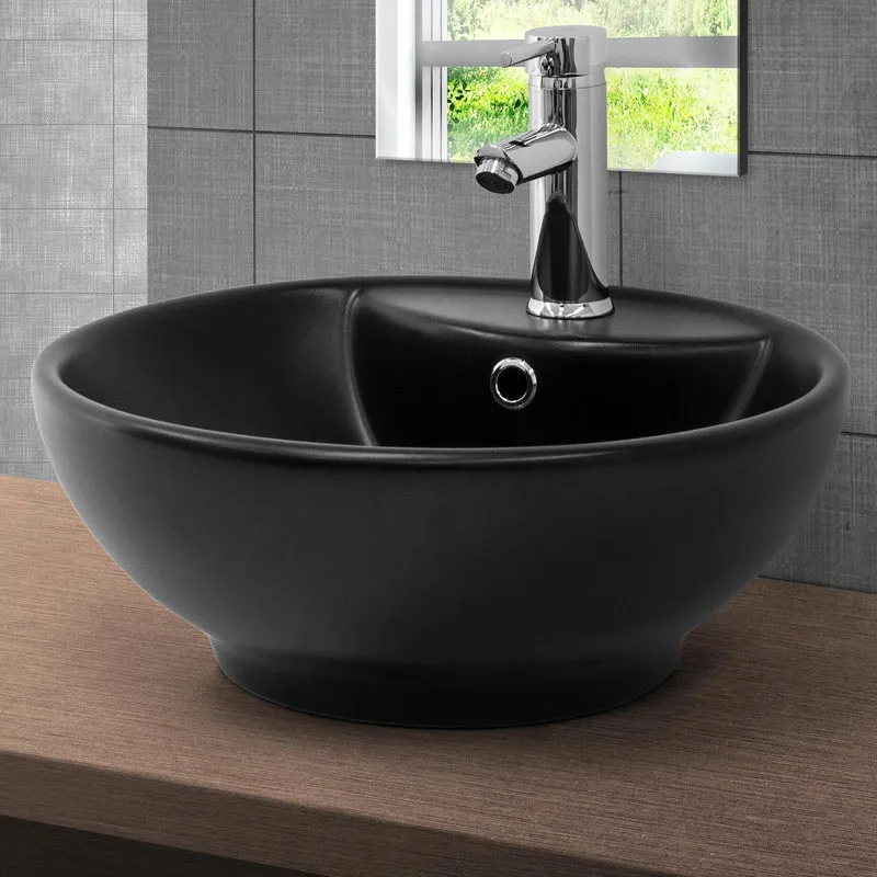 Waschbecken inkl. Ablaufgarnitur Silber mit Überlauf Ø 45,5x18,5 cm Schwarz matt aus Keramik ML-Design
