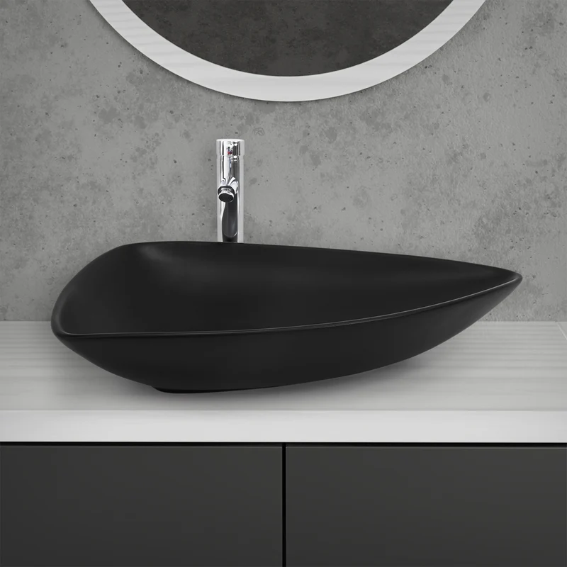 Waschbecken inkl. Ablaufgarnitur ohne Überlauf 69x46x13 cm Schwarz aus Keramik ML-Design