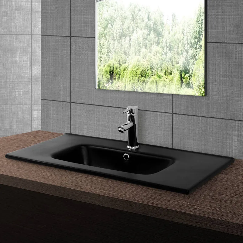 Waschbecken inkl. Ablaufgarnitur Silber mit Überlauf 81x46x16,5 cm Schwarz aus Keramik ML-Design