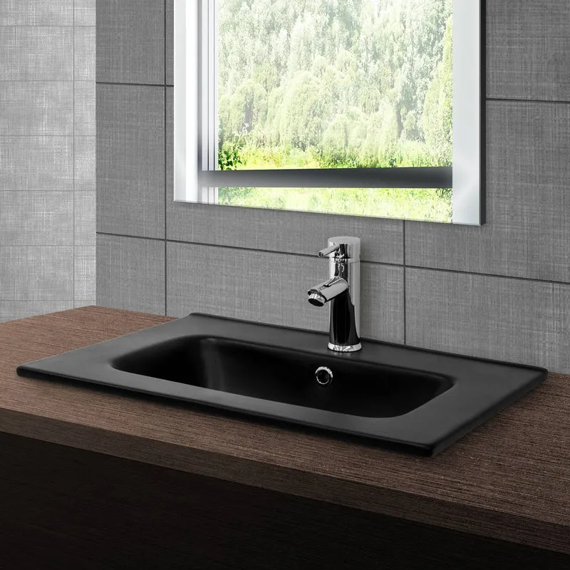 Waschbecken inkl. Ablaufgarnitur Silber mit Überlauf 61x46x16,5 cm Schwarz aus Keramik ML-Design