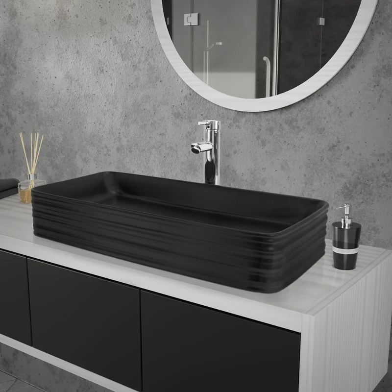 Waschbecken inkl. Ablaufganitur ohne Überlauf 68x38x12 cm Schwarz aus Keramik ML-Design