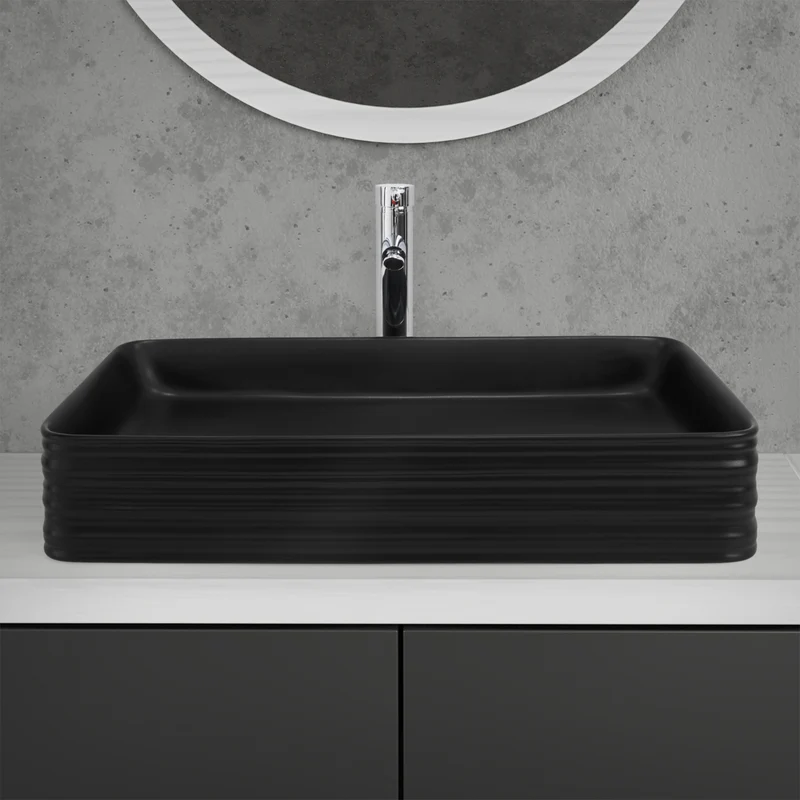 Waschbecken inkl. Ablaufganitur ohne Überlauf 68x38x12 cm Schwarz aus Keramik ML-Design