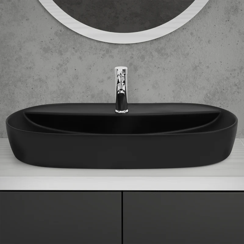 Waschbecken inkl. Ablaufgarnitur Schwarz ohne Überlauf 80x40x12 cm Schwarz aus Keramik ML-Design