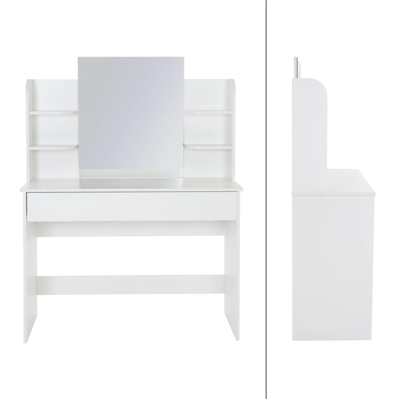 Schminktisch Frisiertisch 108x40x140 cm in Weiß mit Spiegel, Schublade, 6 Ablagen & Hocker ML-Design
