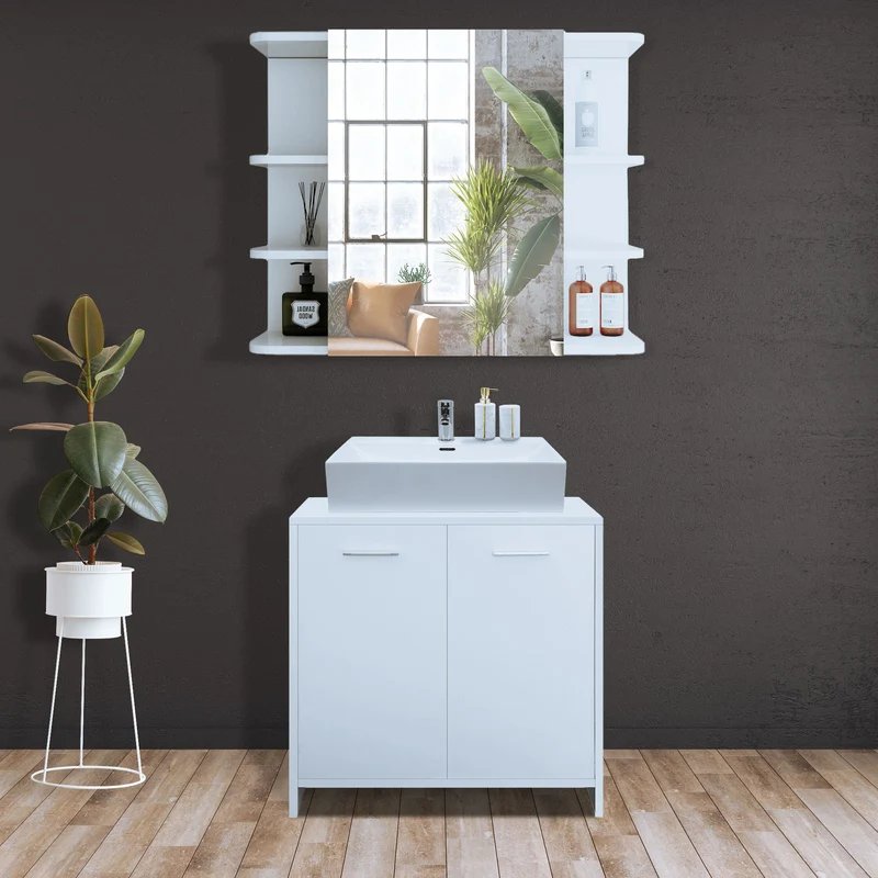 Badmöbel Set 2-Teilig modernen Stil Weiß aus Holz ML-Design