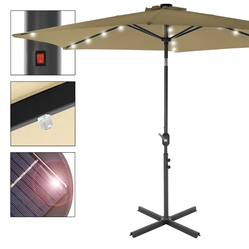 Sonnenschirm mit Kurbel inkl. LED-Solar Ø 300 cm Braun aus Polyester