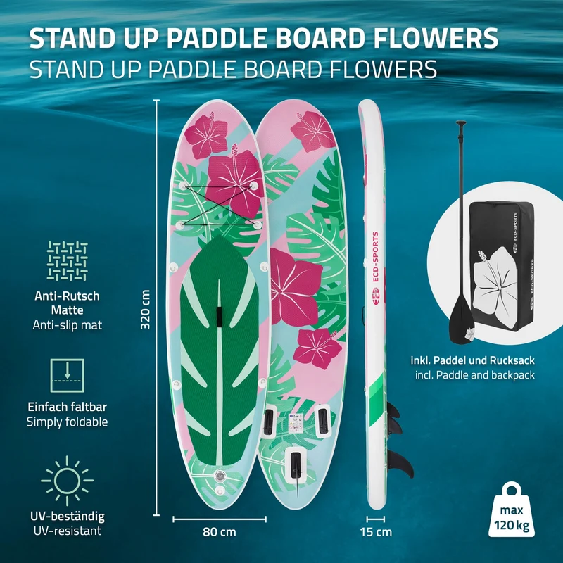 Stand Up Paddle aufblasbares SUP Board Flowers 320x80x15 cm in Mint/Rosa aus PVC inkl. Pumpe und Tragetasche