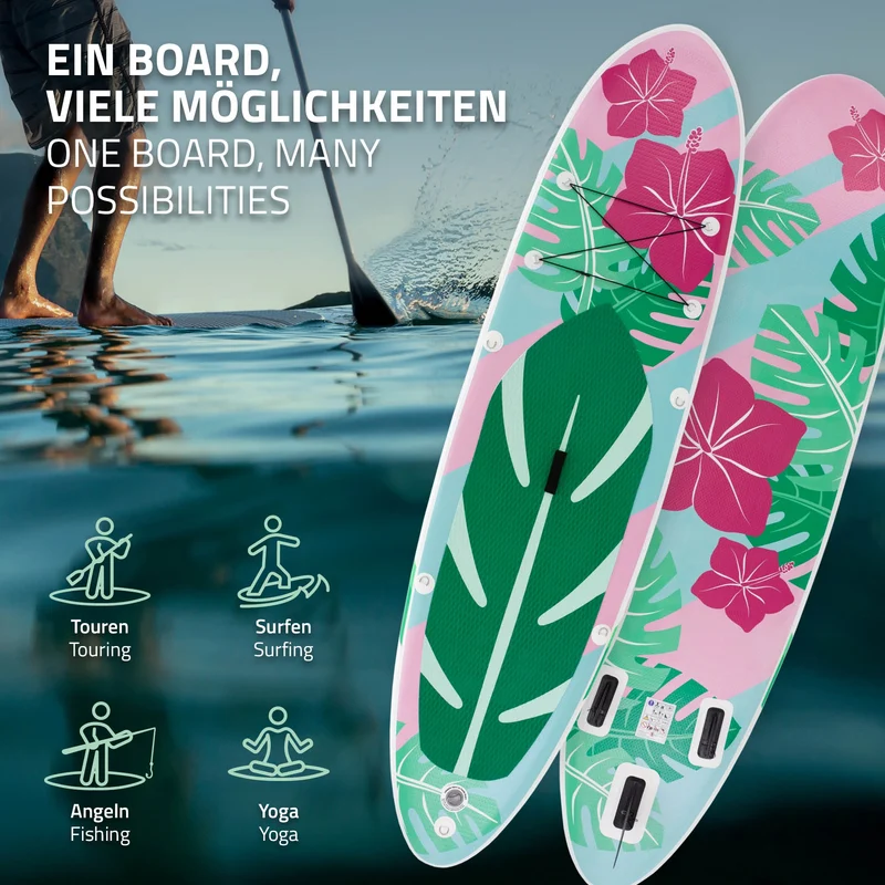 Stand Up Paddle aufblasbares SUP Board Flowers 320x80x15 cm in Mint/Rosa aus PVC inkl. Pumpe und Tragetasche