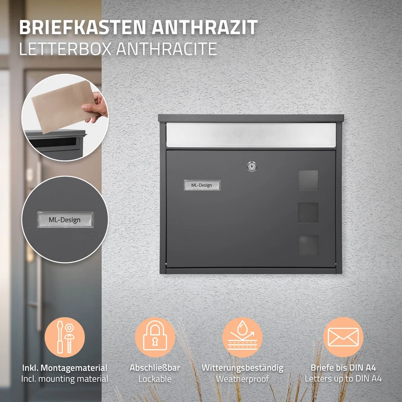 B-Ware Briefkasten 36x31,5x11,5 cm Anthrazit aus Edelstahl ML-Designl