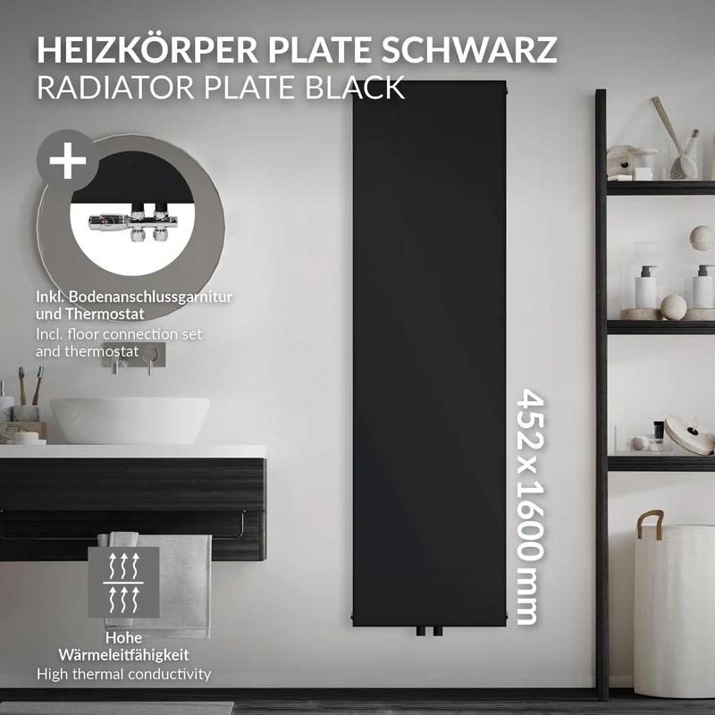 Badheizkörper Einlagig 1600x452 mm Schwarz matt mit Mittelanschluss und Boden Anschlussgarnitur LuxeBath