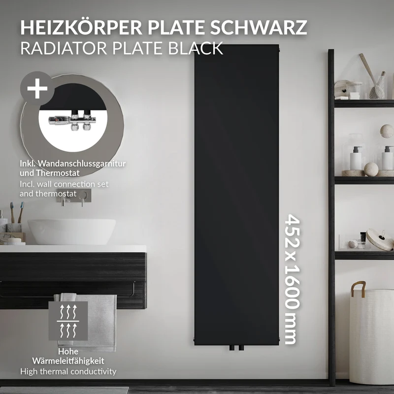 Badheizkörper Einlagig 1600x452 mm Schwarz matt mit Mittelanschluss und Wand Anschlussgarnitur LuxeBath