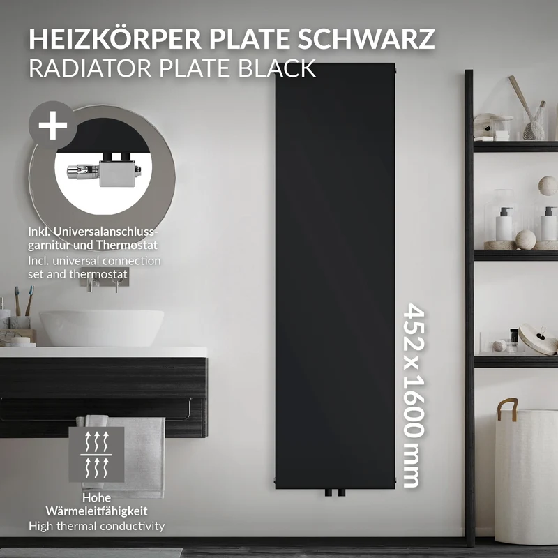 Badheizkörper Einlagig 1600x452 mm Schwarz matt mit Mittelanschluss und Universale Anschlussgarnitur LuxeBath