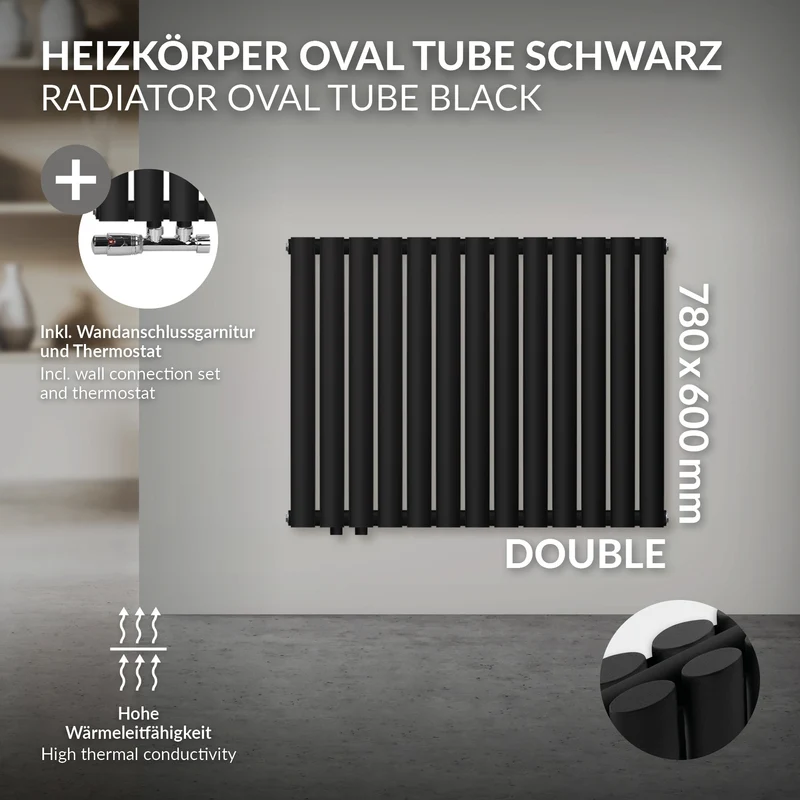 Badheizkörper Doppellagig Horizontal 600x780 mm Schwarz inkl. Anschlussgarnitur mit Thermostat Eckform LuxeBath