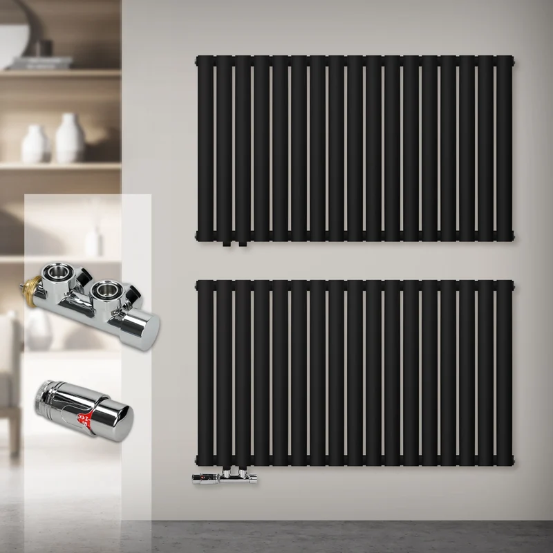 Badheizkörper Doppellagig Horizontal 600x780 mm Schwarz inkl. Anschlussgarnitur mit Thermostat Eckform LuxeBath