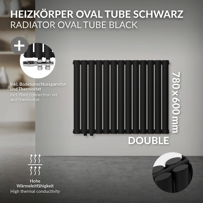 Badheizkörper Doppellagig Horizontal 600x780 mm Schwarz inkl. Anschlussgarnitur mit Thermostat Durchgangsform LuxeBath