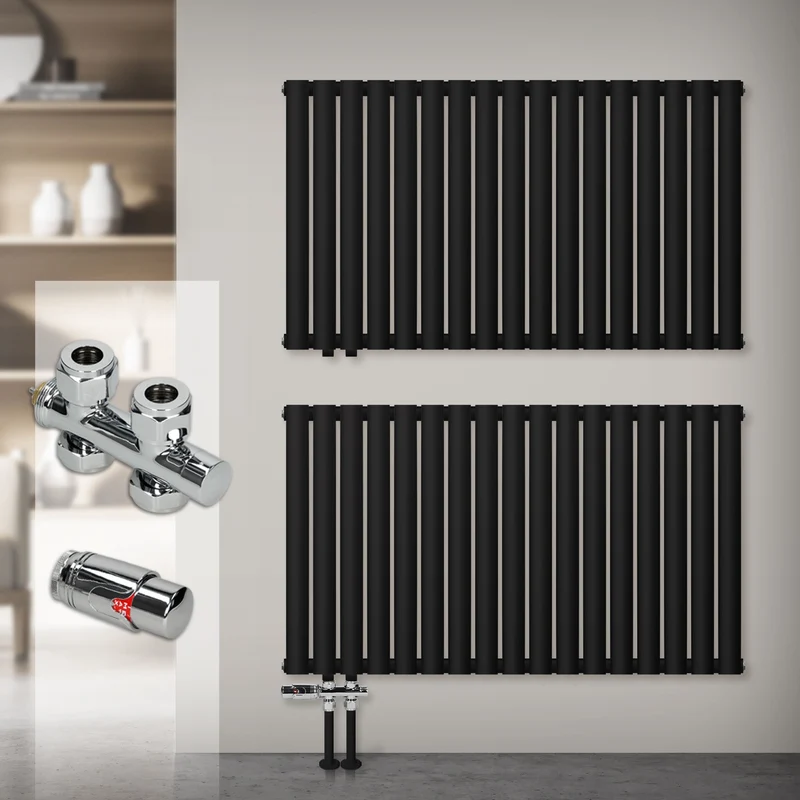 Badheizkörper Doppellagig Horizontal 600x780 mm Schwarz inkl. Anschlussgarnitur mit Thermostat Durchgangsform LuxeBath