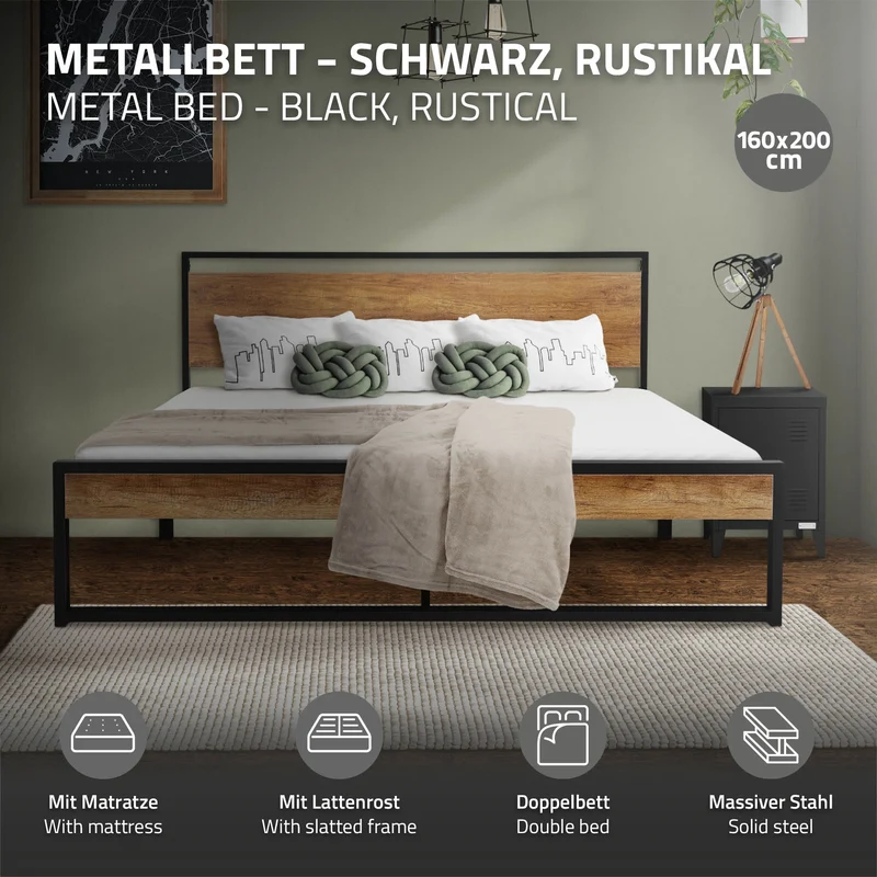 Metallbett 160x200 cm Schwarz/Braun mit Lattenrost und Matratze mit Holz Kopf-& Fußteil ML-Design