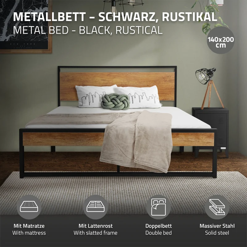 Metallbett 140x200 cm inkl. Matratze H:16cm Schwarz/Braun Bettgestell 210 x 36,5/88 x 145 cm mit Holz Kopf- & Fußteil ML-Design