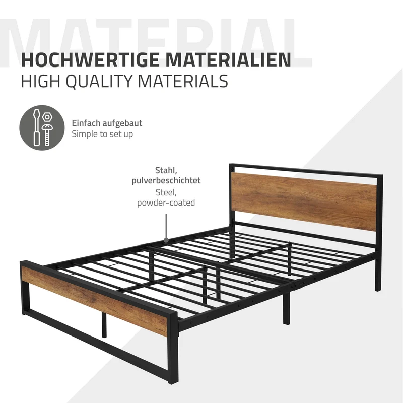 Metallbett 140x200 cm inkl. Matratze H:16cm Schwarz/Braun Bettgestell 210 x 36,5/88 x 145 cm mit Holz Kopf- & Fußteil ML-Design