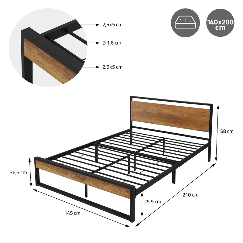 Metallbett 140x200 cm inkl. Matratze H:16cm Schwarz/Braun Bettgestell 210 x 36,5/88 x 145 cm mit Holz Kopf- & Fußteil ML-Design