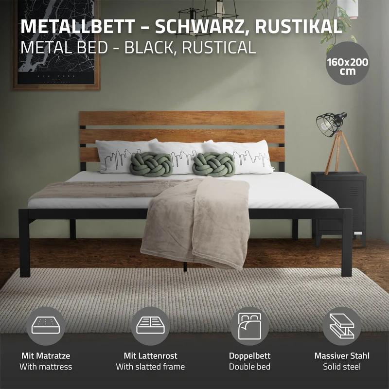 Metallbett 160x200 cm Schwarz/Braun mit Lattenrost und Matratze mit Holz Kopfteil ML-Design