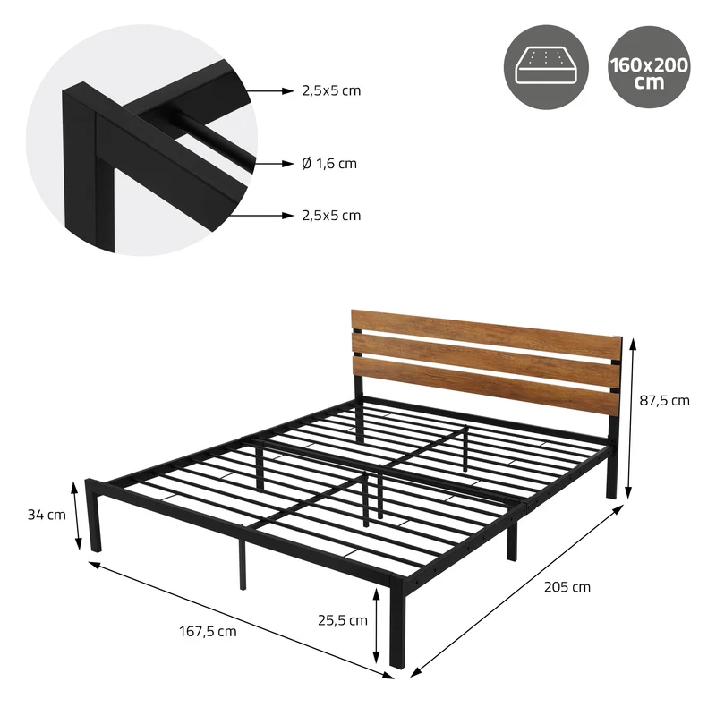 Metallbett 160x200 cm Schwarz/Braun mit Lattenrost und Matratze mit Holz Kopfteil ML-Design