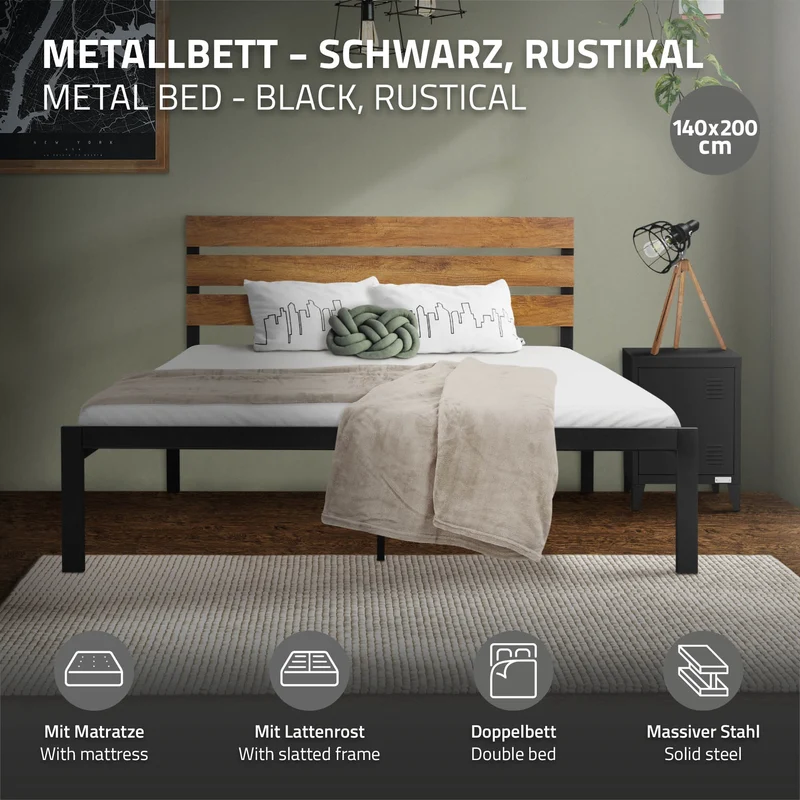Metallbett 140x200 cm Schwarz/Braun mit Lattenrost und Matratze mit Holz Kopf-& Fußteil ML-Design