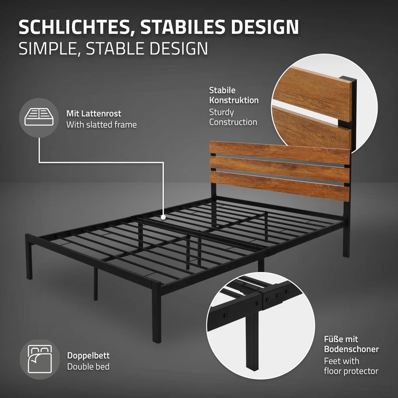 Metallbett 140x200 cm Schwarz/Braun mit Lattenrost und Matratze mit Holz Kopf-& Fußteil ML-Design