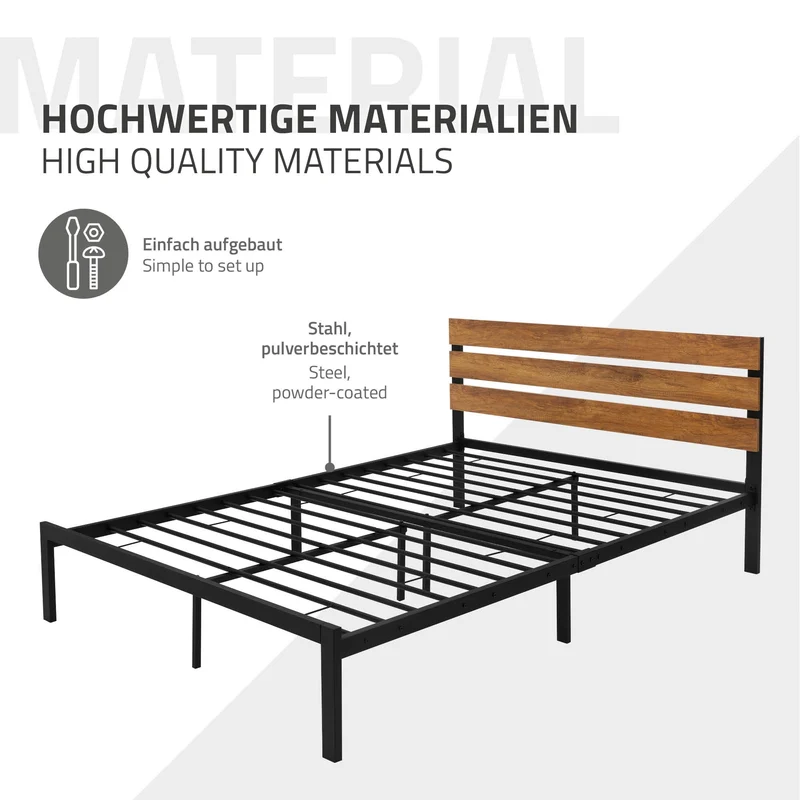 Metallbett 140x200 cm Schwarz/Braun mit Lattenrost und Matratze mit Holz Kopf-& Fußteil ML-Design