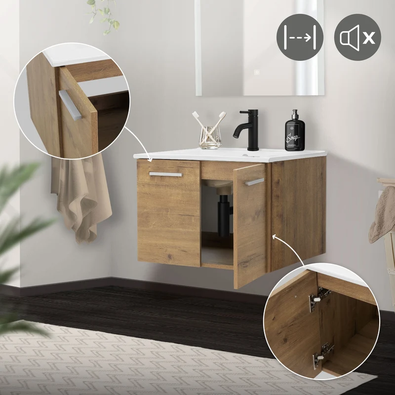 Badmöbel Badezimmermöbel Set 3-Teilig Spiegelschrank Unterschrank Waschbecken Optik in Roteiche ML-Design