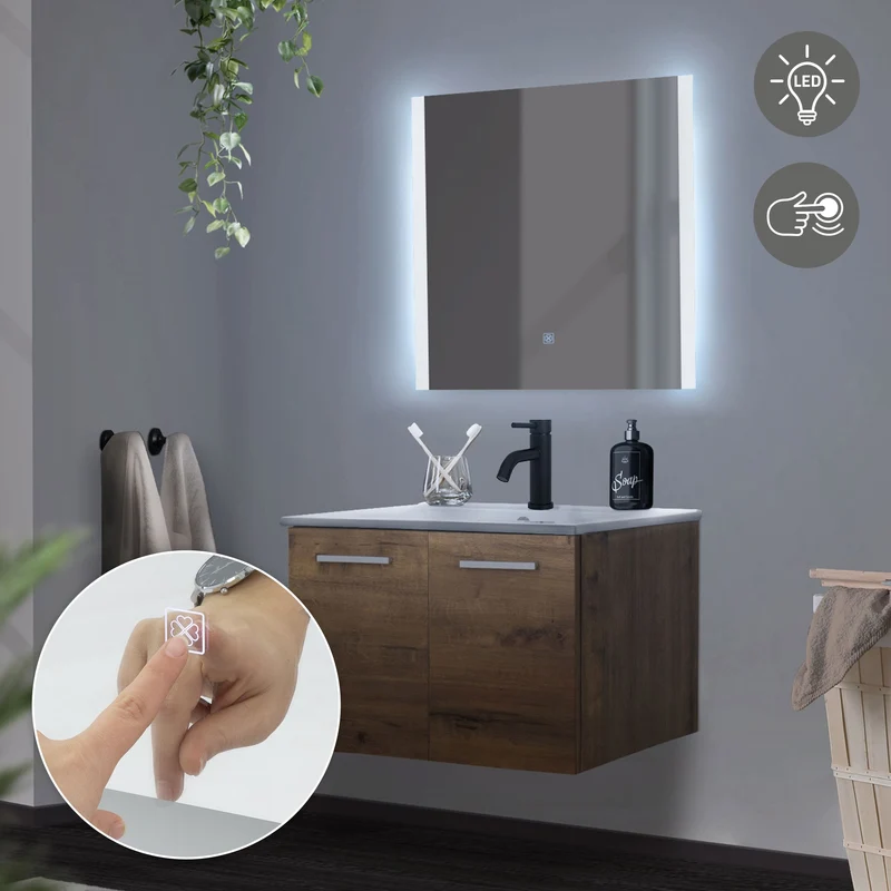 Badmöbel Badezimmermöbel Set 3-Teilig Spiegelschrank Unterschrank Waschbecken Optik in Roteiche ML-Design