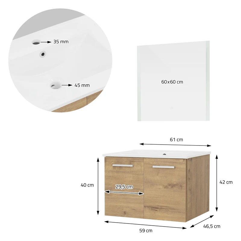 Badmöbel Badezimmermöbel Set 3-Teilig Spiegelschrank Unterschrank Waschbecken Optik in Roteiche ML-Design