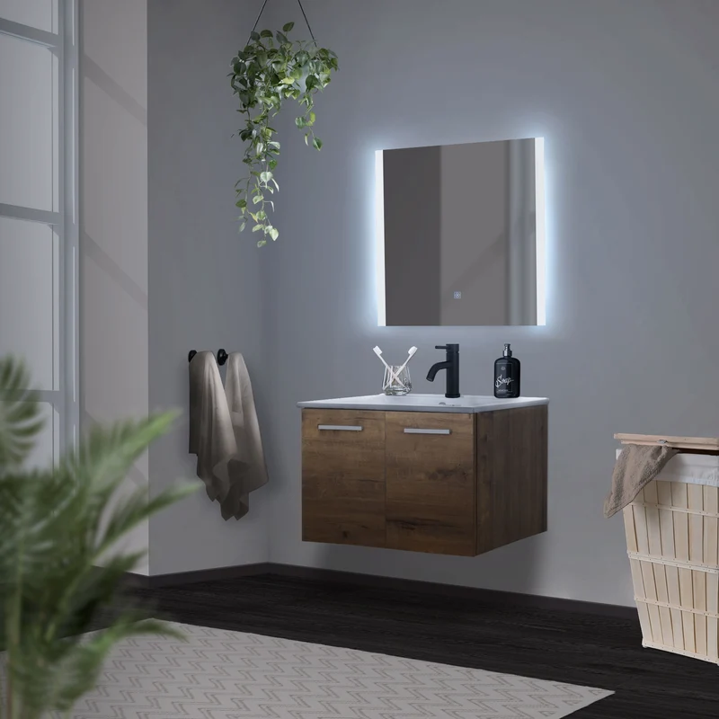 Badmöbel Badezimmermöbel Set 3-Teilig Spiegelschrank Unterschrank Waschbecken Optik in Roteiche ML-Design