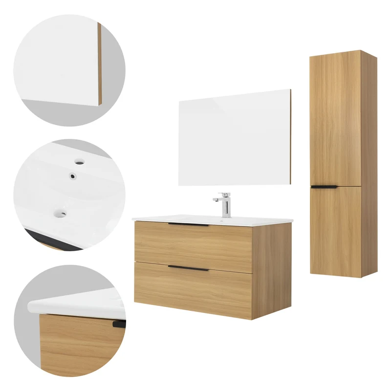 Badmöbel Badezimmermöbel Set 4-Teilig Spiegelschrank Unterschrank Waschbecken Hochschrank Optik in Teak ML-Design