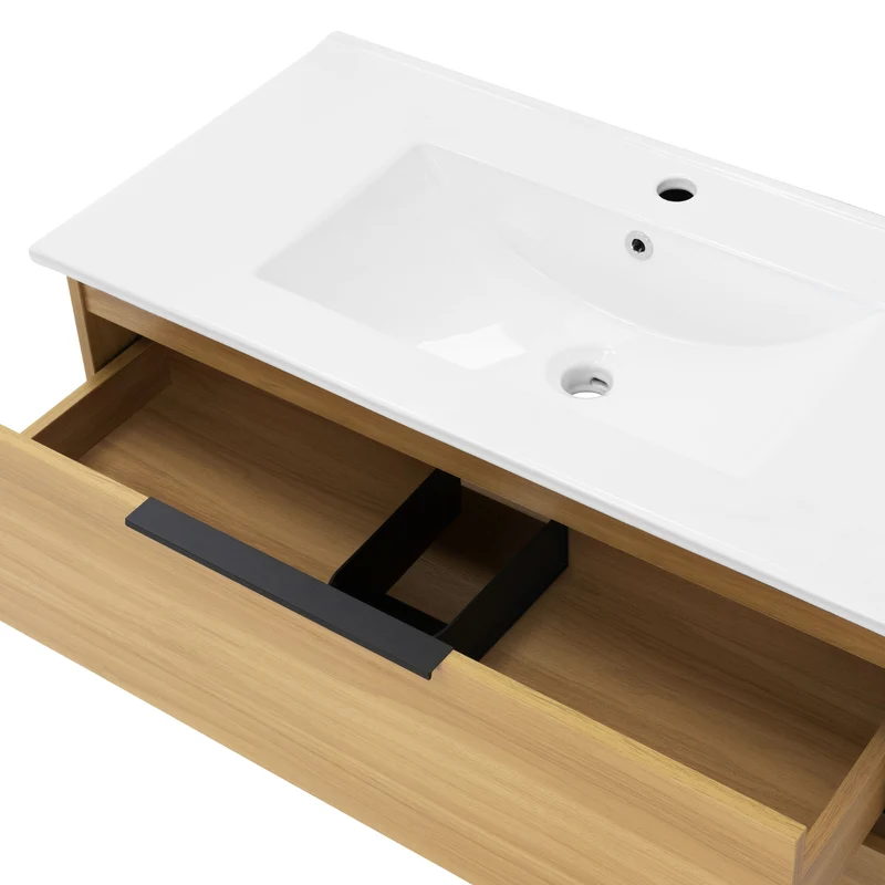 Badmöbel Badezimmermöbel Set 4-Teilig Spiegelschrank Unterschrank Waschbecken Hochschrank Optik in Teak ML-Design